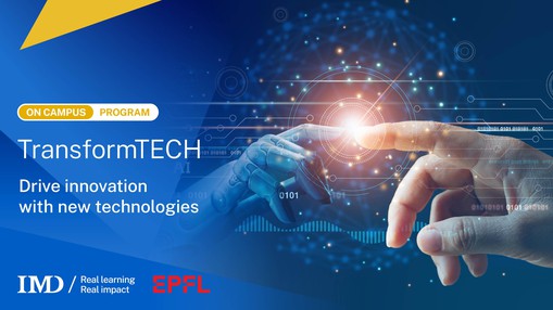 Banner image promoting the TransformTech program. It contains a human and touching a robotic hand.