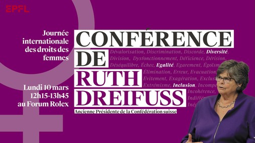 Affiche de la conférence avec photographie de Ruth Dreifuss