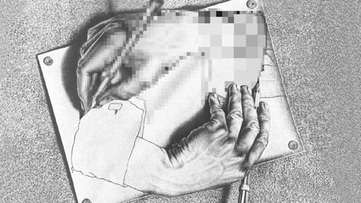 Variation sur ââDrawing Handsâ de M.C.Escher (1948), par Annette Unser (2025) Variation sur ââDrawing Handsâ de M.C.Escher (1948), par Annette Unser (2025)